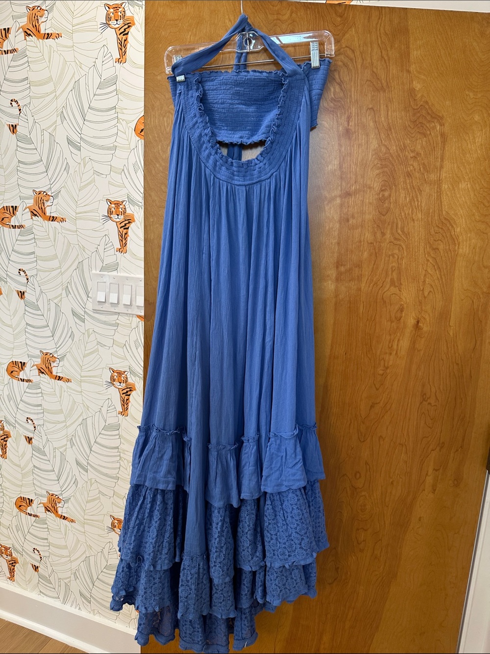 Free People Blue Tiered Maxi Dress with Halter Neck